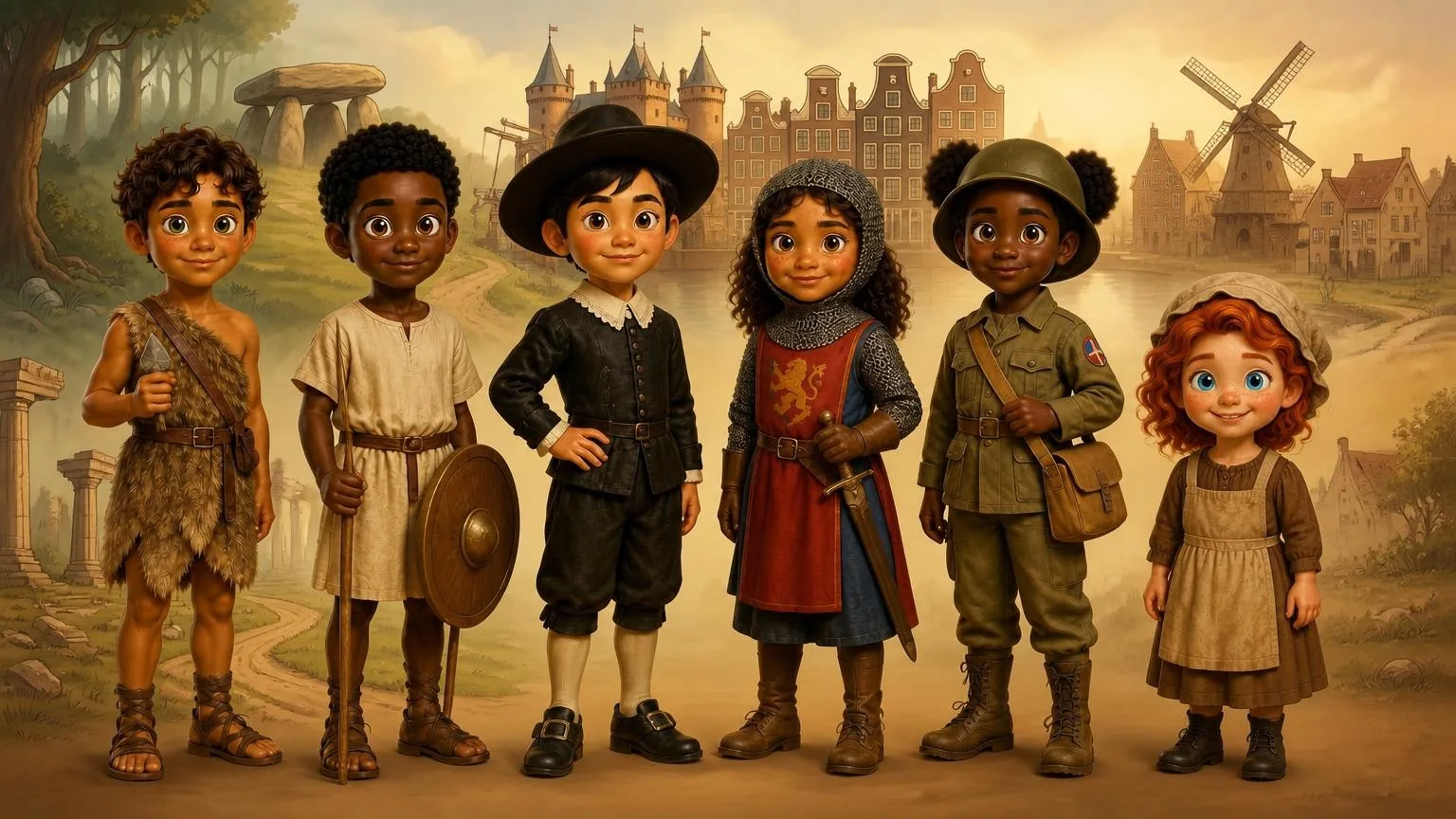 Tijdreizigersgroep: kinderen in kostuums uit verschillende tijdperken voor een historisch landschap